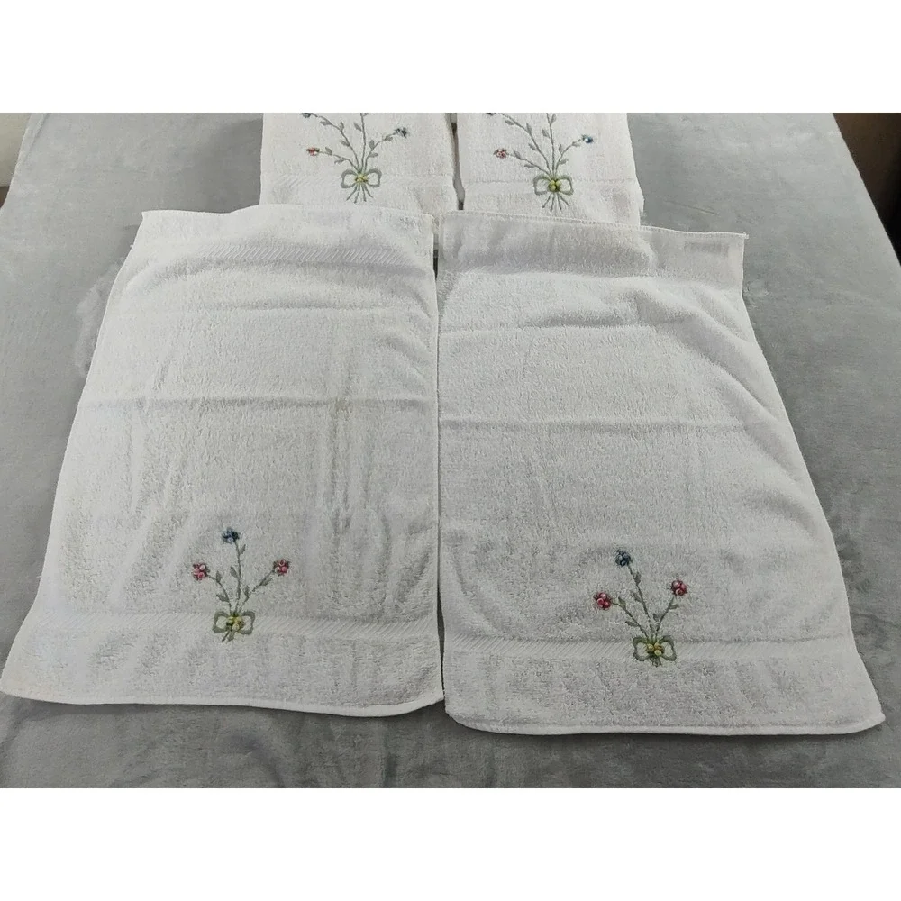 Vintage Fieldcrest Embroidered Floral Towel Set 6pc Cotton Cream Made in USA